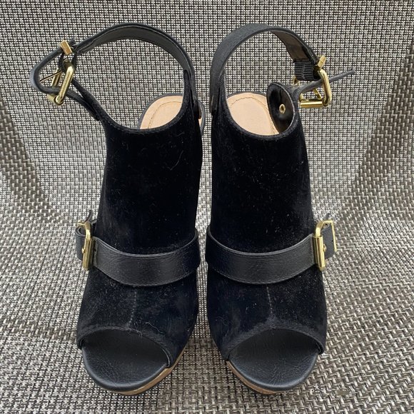 ~Ladies Shoe Dazzle Black Suede Gold Buckle Wedge Cork Slides/Heels~6.5M~NEW!~ - Picture 6 of 9